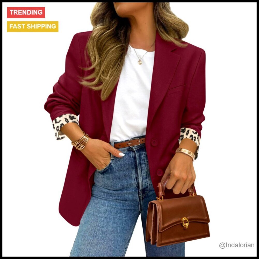 Leopard Lined Blazer Open Front Business Casual Work Office Jacket Elegant